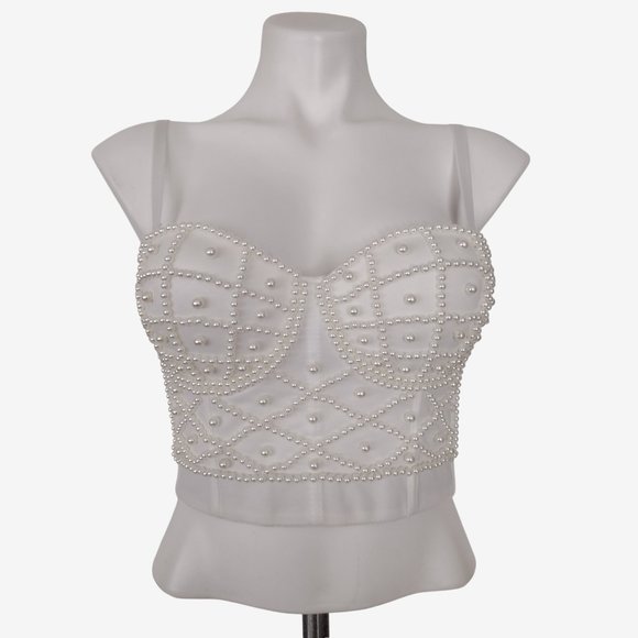 White Pearl Beaded Convertible Corset Bustier Crop Top - Picture 1 of 9